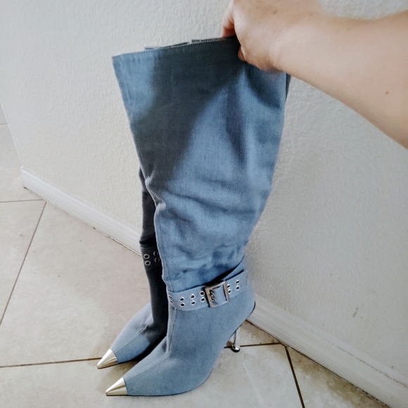 Fashion Nova Shoes - Fashion Nova Light Blue Pointed Over-The-Knee Boots with Metallic Toe